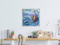 Sail to the Moon -Abstract Art, Sea Birds Boat Original Painting, Ocean Art, Blue, Seascape, Whimsical, Surreal, Bright, Night, New Zealand