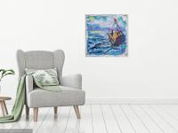 Sail to the Moon -Abstract Art, Sea Birds Boat Original Painting, Ocean Art, Blue, Seascape, Whimsical, Surreal, Bright, Night, New Zealand