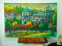 Sanctuary -Original Impressionist Green Camino de Santiago Landscape Oil Painting of spanish monastery building in whimsical chagall style