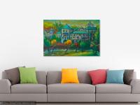 Sanctuary -Original Impressionist Green Camino de Santiago Landscape Oil Painting of spanish monastery building in whimsical chagall style