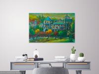 Sanctuary -Original Impressionist Green Camino de Santiago Landscape Oil Painting of spanish monastery building in whimsical chagall style