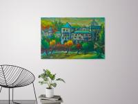 Sanctuary -Original Impressionist Green Camino de Santiago Landscape Oil Painting of spanish monastery building in whimsical chagall style