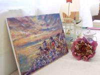 Greece Santorini landscape sea coast original scenery painting, acrylic artwork with greek island whitewashed houses in impressionist sunset