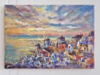 Greece Santorini landscape sea coast original scenery painting, acrylic artwork with greek island whitewashed houses in impressionist sunset