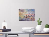 Greece Santorini landscape sea coast original scenery painting, acrylic artwork with greek island whitewashed houses in impressionist sunset