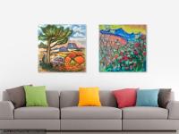 Seongsan Tree Landscape Art Painting of Korea Jeju Island Nature Scenery, colorful impressionist fine art in van gogh style of Olle Trail