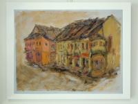 Chinese Shophouses impressionist landscape painting, malaysia kluang town architecture plein air original acrylic artwork in bright yellow