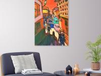 Solitaire -Red Spanish Town El Camino Original Canvas Painting Art in vibrant colorful van gogh style of hikers at whimsical moonlight town