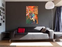 Solitaire -Red Spanish Town El Camino Original Canvas Painting Art in vibrant colorful van gogh style of hikers at whimsical moonlight town