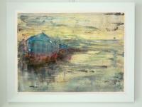 Sunny Side Up - Icelandic harbour sunset watercolor seascape painting art in abstract impressionist style