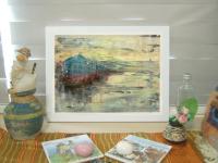 Sunny Side Up - Icelandic harbour sunset watercolor seascape painting art in abstract impressionist style