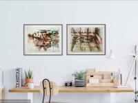 Suzhou Houses - abstract chinese landscape watercolor painting art of white houses architecture with canal water reflections from china travel