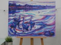 Swan Lake-Iceland Winter Landscape Oil Painting, Van Gogh style in whites, blue, purple, red hues, abstract scenery art