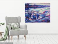 Swan Lake-Iceland Winter Landscape Oil Painting, Van Gogh style in whites, blue, purple, red hues, abstract scenery art