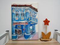 8 - Blue impasto chinese shophouse oil painting at Singapore city heritage street of peranakan architecture in impressionist colors -SH8