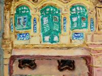 3 - Yellow green impasto chinese shophouse oil painting at Singapore city heritage street of peranakan architecture in impressionist colors -SH3