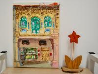 3 - Yellow green impasto chinese shophouse oil painting at Singapore city heritage street of peranakan architecture in impressionist colors -SH3