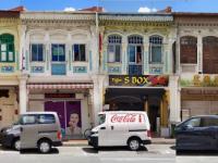 6 - Bluish pink impasto chinese shophouse oil painting at Singapore city heritage street of peranakan architecture in impressionist colors -SH6