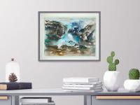 The Flying Mountain -abstract landscape original watercolor painting art Icelandic waterfall Barnafoss in atmospheric chinese painting style