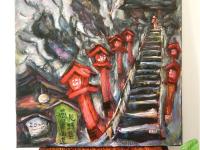 The Path - Japanese Shrine Painting, Impressionist, Red Lamppost, Temple, Stairs, Grey, Winter, Whimsical Landscape, Monastic, Original Art