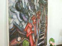 The Path - Japanese Shrine Painting, Impressionist, Red Lamppost, Temple, Stairs, Grey, Winter, Whimsical Landscape, Monastic, Original Art