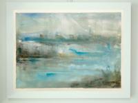 The Unbearable Lightness of Being - abstract impressionist watercolor painting of sea coastal city, original blue white landscape mood art