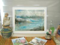 The Unbearable Lightness of Being - abstract impressionist watercolor painting of sea coastal city, original blue white landscape mood art