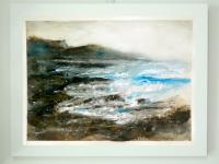 The Waves - Korea Jeju Island waves abstract watercolor seascape painting art of atmospheric landscape with stormy sea and jagged rock coast