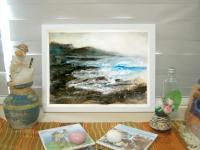 The Waves - Korea Jeju Island waves abstract watercolor seascape painting art of atmospheric landscape with stormy sea and jagged rock coast