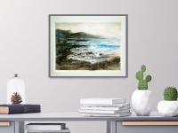 The Waves - Korea Jeju Island waves abstract watercolor seascape painting art of atmospheric landscape with stormy sea and jagged rock coast
