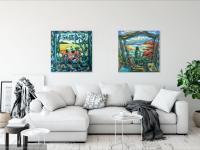 Wanderer's Paradise - Surreal Landscape, Whimsical Painting, Traveller, Hiker, Jeju Island, Sea, Clouds, Van Gogh style, Blue, Original Art