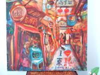 Tian Zi Fang -Whimsical Chinese Street Oil Painting Painting Art w festive Shanghai shophouses landscape, red lanterns, colorful signs & cat