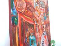 Tian Zi Fang -Whimsical Chinese Street Oil Painting Painting Art w festive Shanghai shophouses landscape, red lanterns, colorful signs & cat
