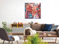 Tian Zi Fang -Whimsical Chinese Street Oil Painting Painting Art w festive Shanghai shophouses landscape, red lanterns, colorful signs & cat