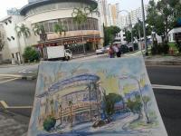 Singapore Painting Art, Original Watercolor Landscape, City Street, Tiong Bahru Market, Urban Sketcher, Heritage, Architectural Building