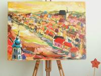 Cesky Krumlov Impressionist Landscape Painting - Original Art of European Czech River City - Historic Charm Home Decor - Whimsical Houses