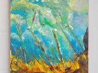 Unbending - Impressionist Abstract Oil Painting of Icelandic autumn nature scenery, original impasto fine art with water and clouds in wind