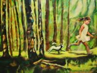 Magic Forest Trees Landscape Original Art Canvas Painting with running little Girl and Dog on a sunlight path of whimsical woods and animals