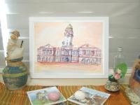 Singapore watercolor painting - Victoria Theatre Concert Hall - original artwork - Singapore icon - whimsical building - impressionism art