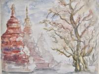 Myanmar Bagan stupa temple watercolour painting, original plein air artwork