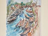 Myanmar landscape watercolour painting of Indeon river colorful boats, original plein air artwork