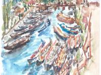 Myanmar landscape watercolour painting of Indeon river colorful boats, original plein air artwork