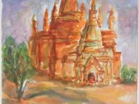 Myanmar Bagan orange temple impressionist original watercolour art, plein air artwork