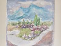 Indonesia Bali mountain lake batur landscape, impressionist original watercolour art, plein air artwork