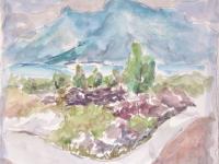 Indonesia Bali mountain lake batur landscape, impressionist original watercolour art, plein air artwork