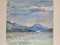 Taiwan Sun Moon Lake water clouds landscape scenery, impressionist original watercolour art, plein air artwork