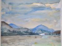 Taiwan Sun Moon Lake water clouds landscape scenery, impressionist original watercolour art, plein air artwork