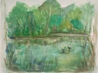 Singapore Botanical Gardens art print - watercolor painting landscape fine art, green trees, swan lake, plein air, impressionist, whimsical