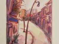 Singapore Street Shophouses Painting, Original Watercolour Fine Art, with peranakan shophouses and lamppost in warm tones, plein air artwork