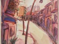 Singapore Street Shophouses Painting, Original Watercolour Fine Art, with peranakan shophouses and lamppost in warm tones, plein air artwork